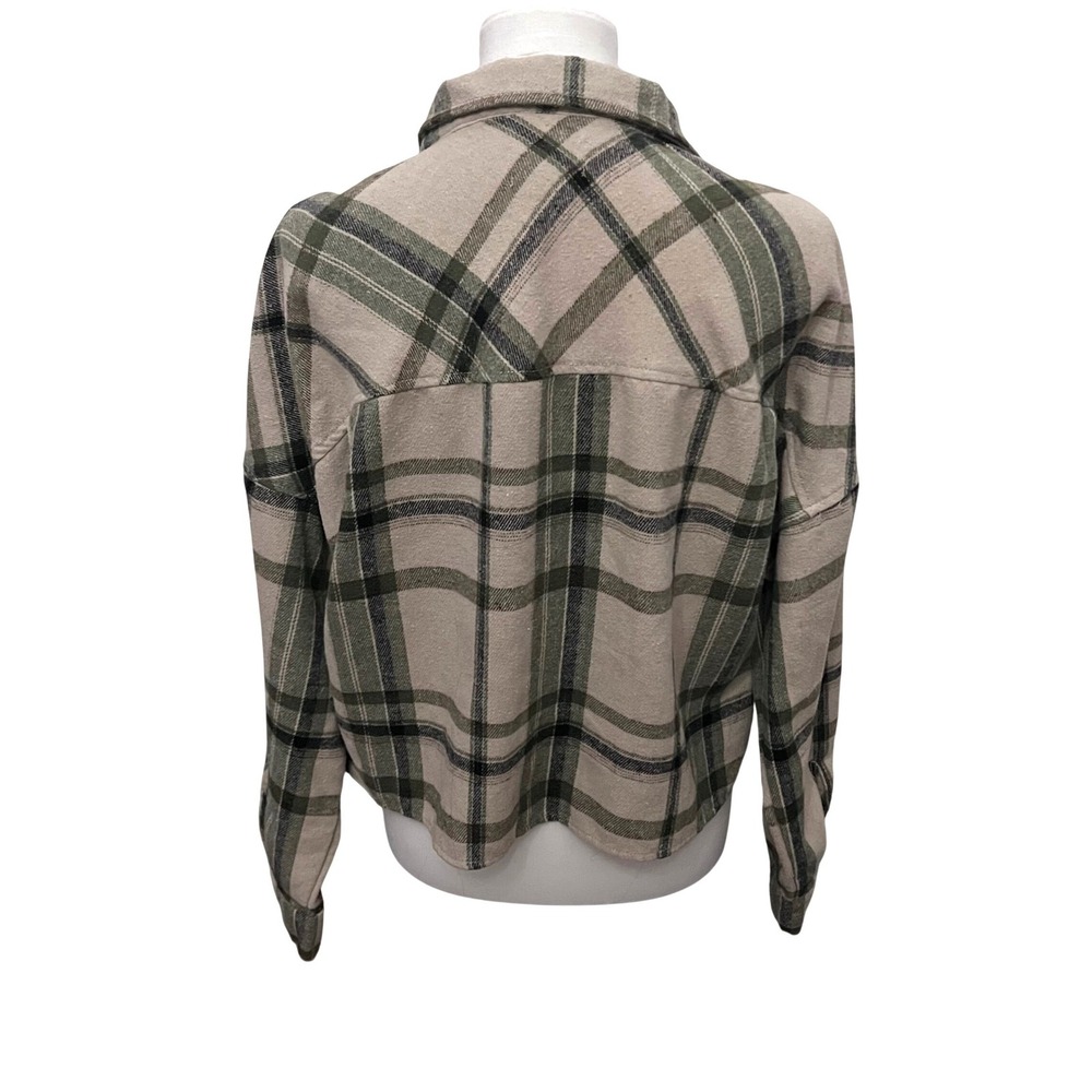 Ci Sono Womens L Plaid Cropped Flannel Shacket Shirt Jacket Oat & Olive Green - Picture 3 of 8